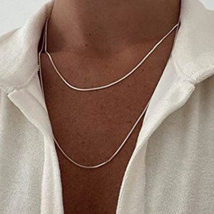 2pc Silver Thin Snake Necklace Set